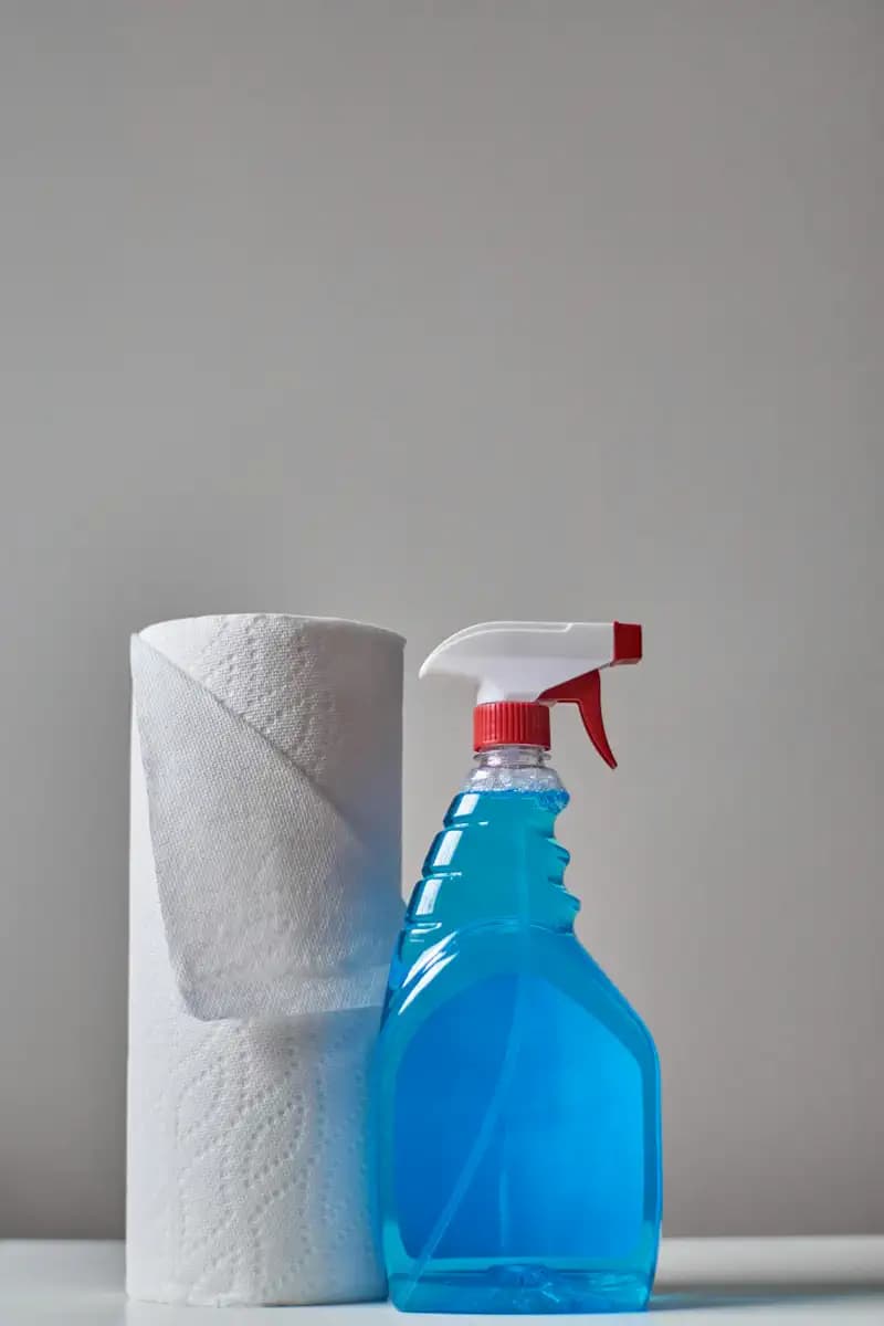 Borrifador de limpeza azul ao lado de um rolo de papel-toalha